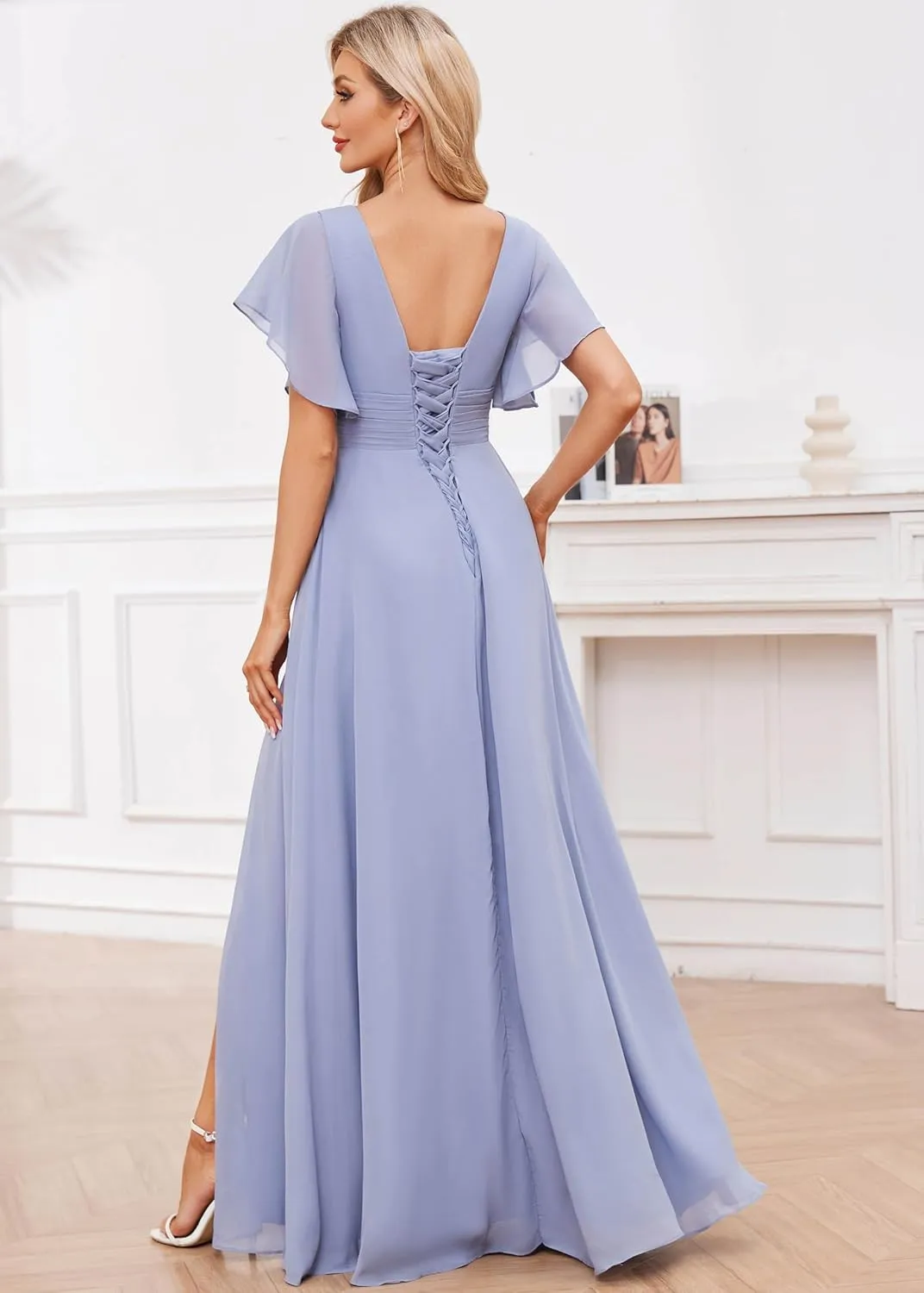 V Neck Chiffon Bridesmaid Dresses with Slit Long Pleated Formal Evening Gowns