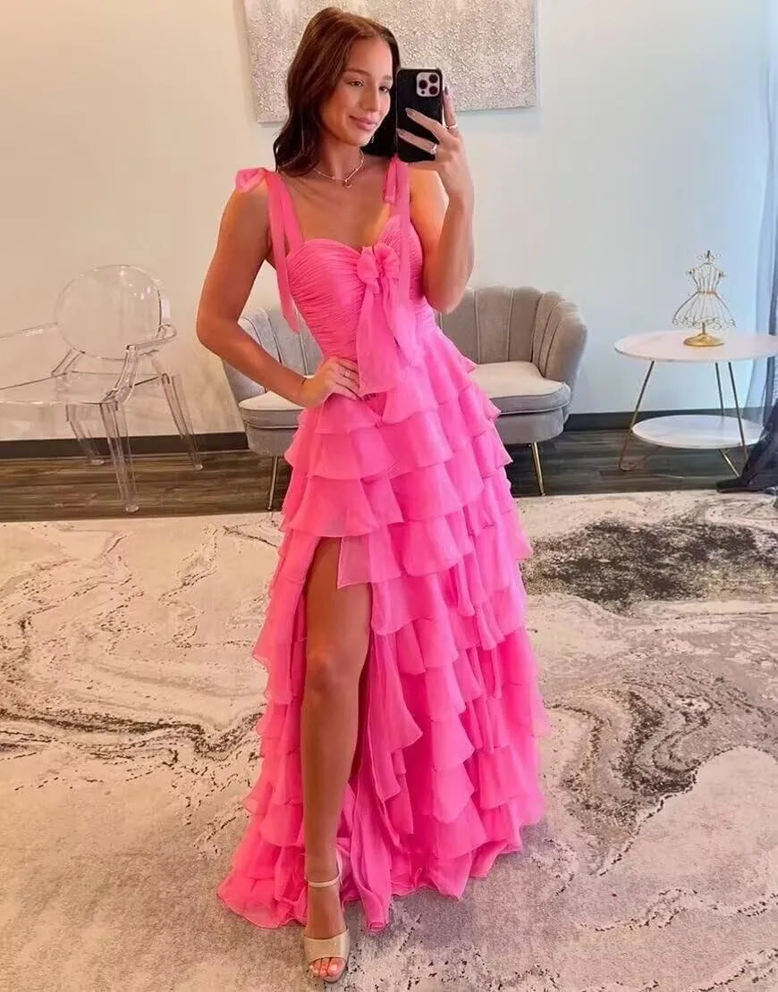 V Neck Tiered Chiffon Prom Dress for Teens Ruffle Prom Dresses for Women Women's A Line Formal Evening Gowns with Slit