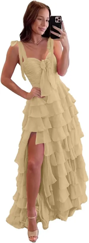 V Neck Tiered Chiffon Prom Dress for Teens Ruffle Prom Dresses for Women Women's A Line Formal Evening Gowns with Slit