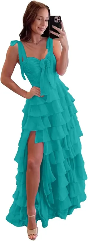 V Neck Tiered Chiffon Prom Dress for Teens Ruffle Prom Dresses for Women Women's A Line Formal Evening Gowns with Slit
