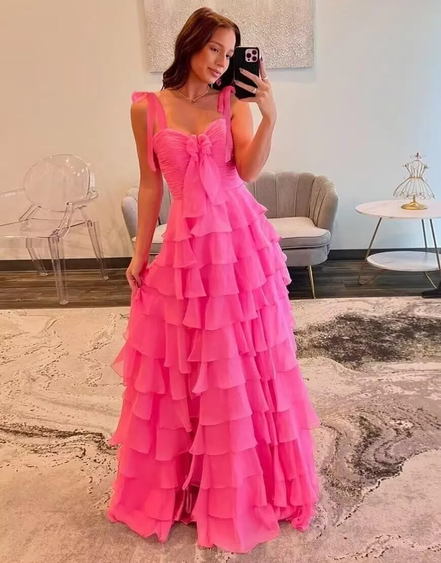 V Neck Tiered Chiffon Prom Dress for Teens Ruffle Prom Dresses for Women Women's A Line Formal Evening Gowns with Slit
