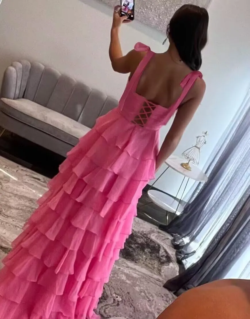 V Neck Tiered Chiffon Prom Dress for Teens Ruffle Prom Dresses for Women Women's A Line Formal Evening Gowns with Slit
