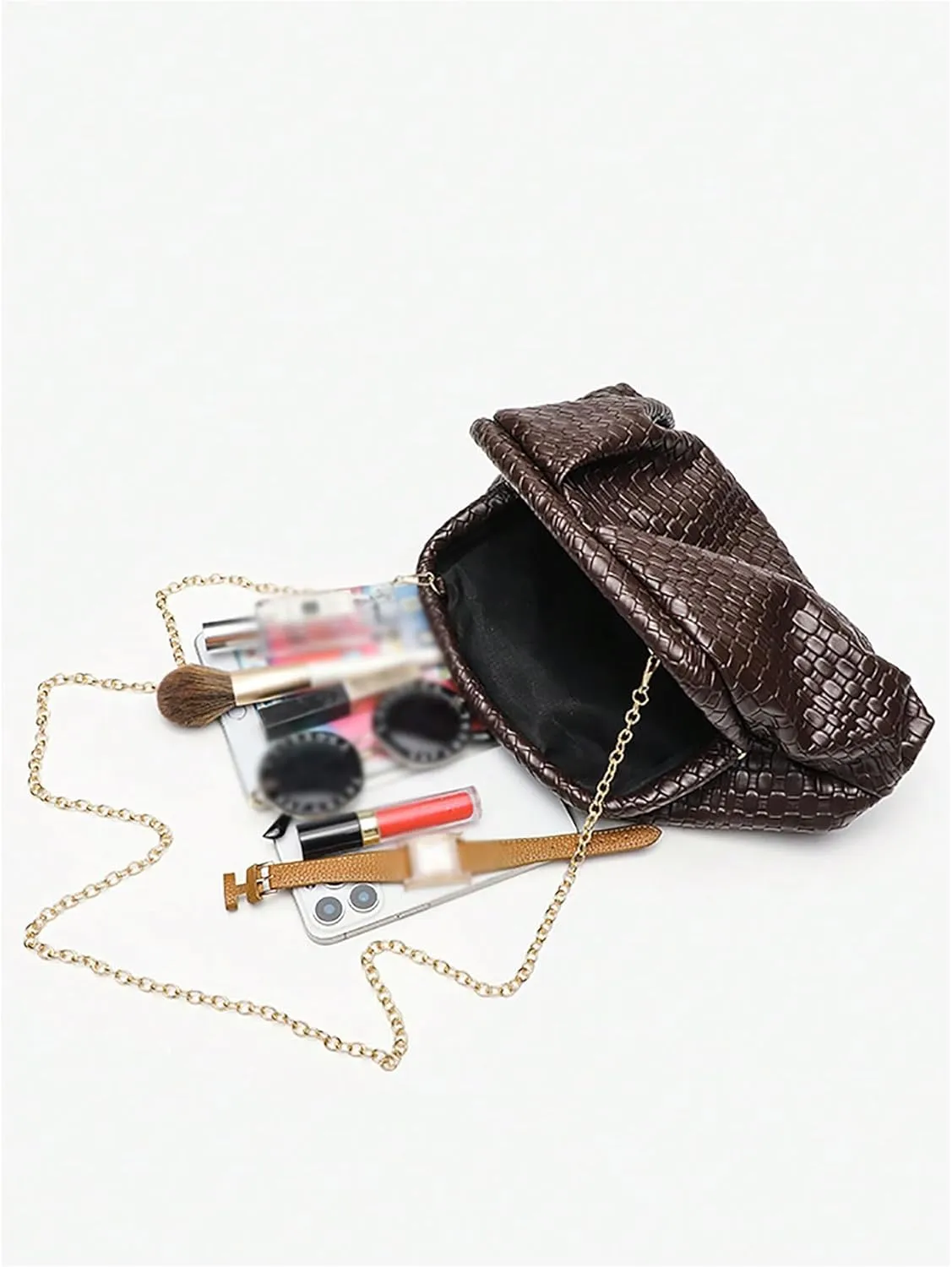 Verdusa Women's Braided Metal Chain Clutch Purses Vintage PU Leather Woven Evening Bags