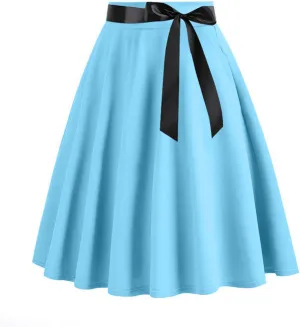 Vintage Pleated Skirt for Womens Solid Color High Waist Midi Skirt Fashion Elegant Swing A-Line Skirt with Belts