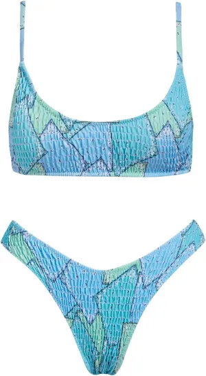 VOLAFA Women's Triangle Bikini Set Smocked Textured Scoop Frilled Print Ruched Elastic Swimsuit Two Piece Bathing Suit