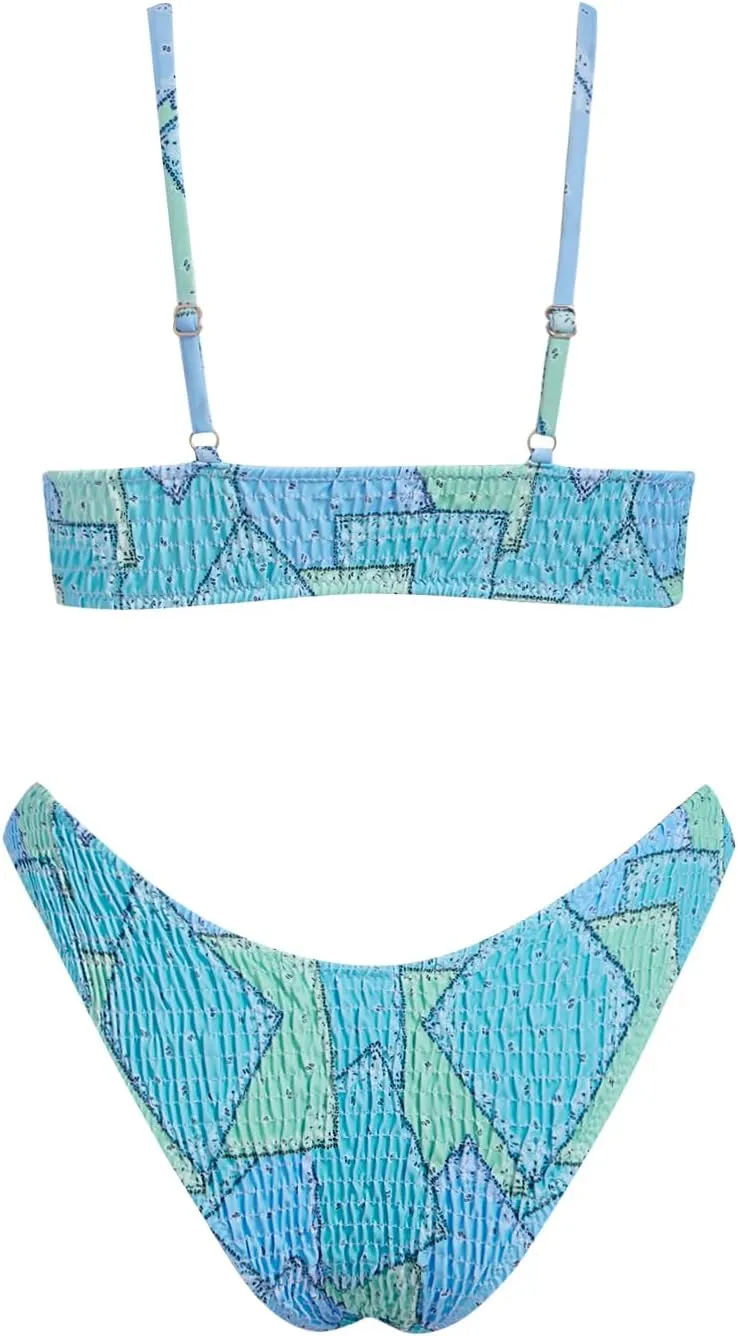 VOLAFA Women's Triangle Bikini Set Smocked Textured Scoop Frilled Print Ruched Elastic Swimsuit Two Piece Bathing Suit