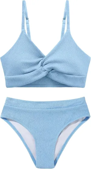 Weixinbuy Girls' Swimsuit Kid Two-Piece V-Neck Bikini Set Spaghetti Strap Twist Cross Bathing Suit Swimwear Size 9-16