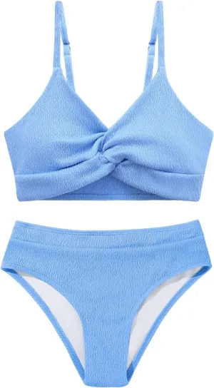 Weixinbuy Girls' Swimsuit Kid Two-Piece V-Neck Bikini Set Spaghetti Strap Twist Cross Bathing Suit Swimwear Size 9-16