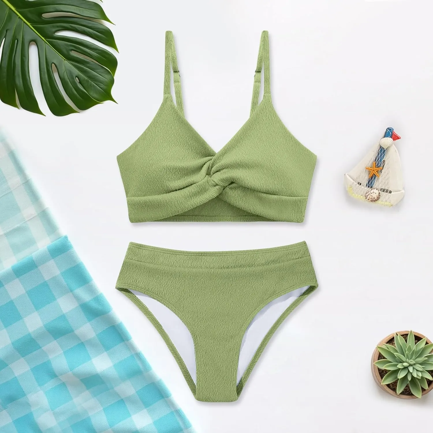 Weixinbuy Girls' Swimsuit Kid Two-Piece V-Neck Bikini Set Spaghetti Strap Twist Cross Bathing Suit Swimwear Size 9-16