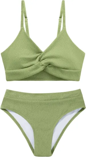Weixinbuy Girls' Swimsuit Kid Two-Piece V-Neck Bikini Set Spaghetti Strap Twist Cross Bathing Suit Swimwear Size 9-16