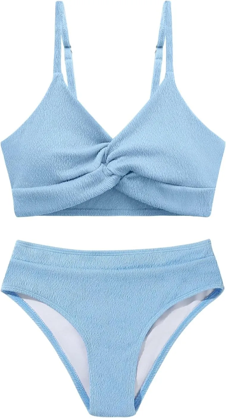 Weixinbuy Girls' Swimsuit Kid Two-Piece V-Neck Bikini Set Spaghetti Strap Twist Cross Bathing Suit Swimwear Size 9-16