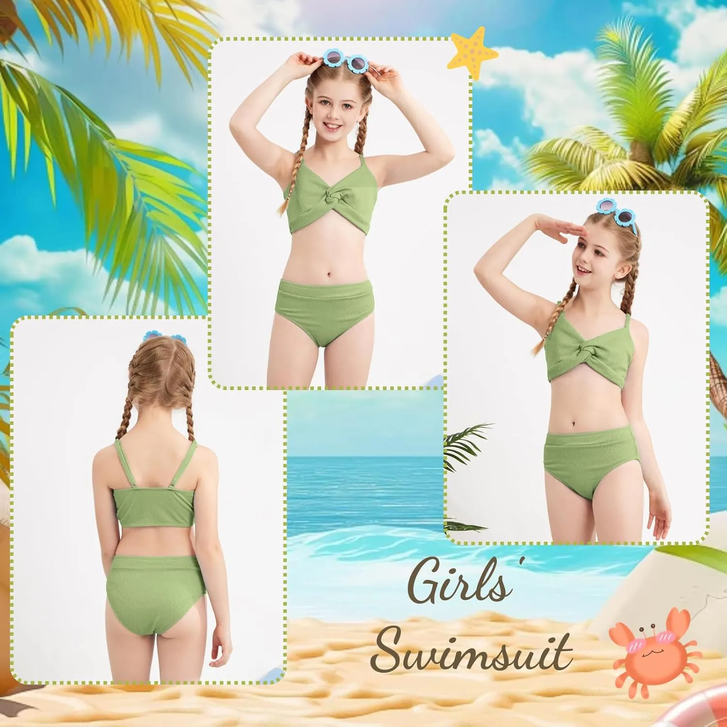 Weixinbuy Girls' Swimsuit Kid Two-Piece V-Neck Bikini Set Spaghetti Strap Twist Cross Bathing Suit Swimwear Size 9-16