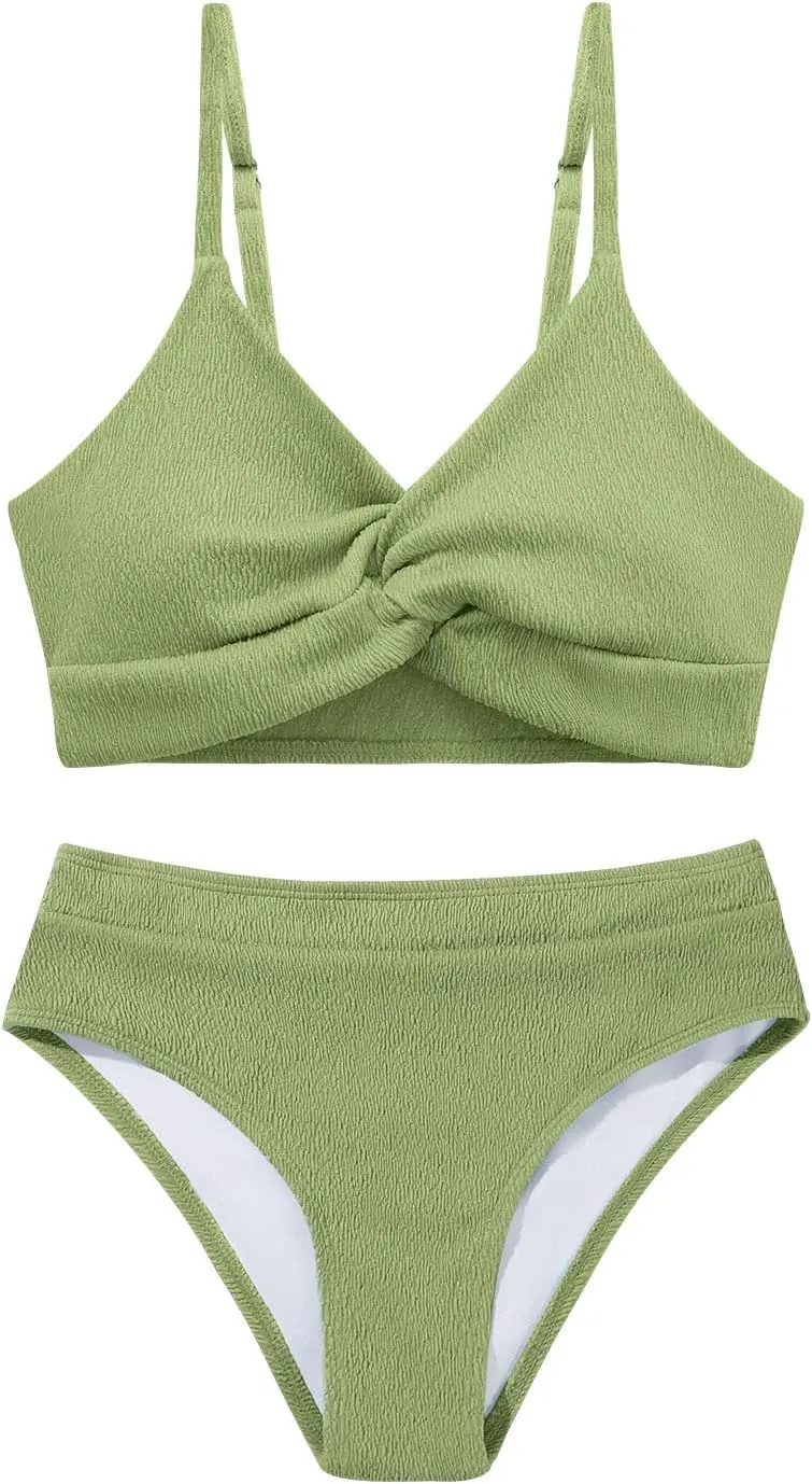 Weixinbuy Girls' Swimsuit Kid Two-Piece V-Neck Bikini Set Spaghetti Strap Twist Cross Bathing Suit Swimwear Size 9-16