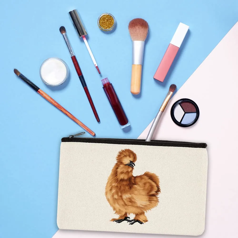 WIRESTER Canvas Zipper Makeup Bag, Cosmetic Pouch, Organizer Case for Women Girl, Multi-Purpose Travel Cosmetic Bag - Brown Silkie Chicken