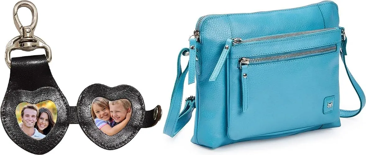 Wise Owl Accessories Blue Nappa Small Heart Shape Leather Crossbody Handbag with 3D Leather Keychain and Photoframe Compartment