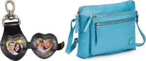 Wise Owl Accessories Blue Nappa Small Heart Shape Leather Crossbody Handbag with 3D Leather Keychain and Photoframe Compartment