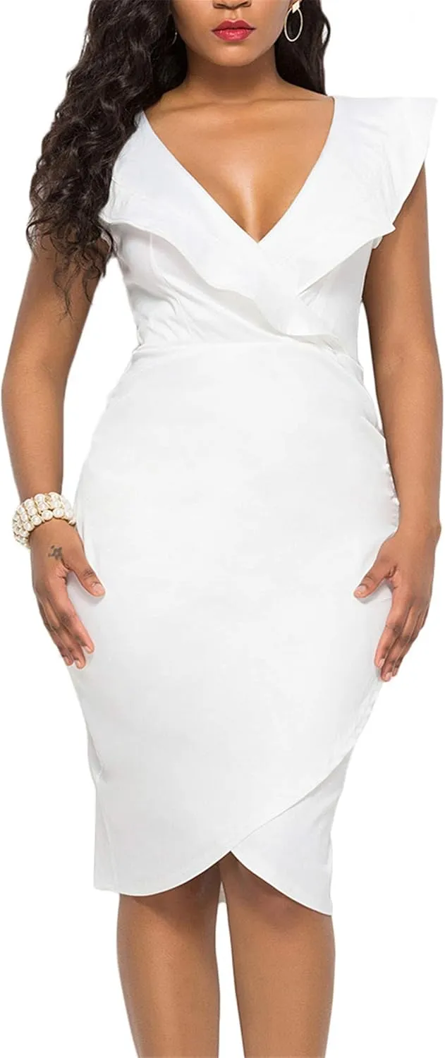WIWIQS Women's Sexy V Neck Bodycon Long Sleeve/Sleeveless Ruffle Dress Front Slit Bandage Plus Size Midi Club Dresses