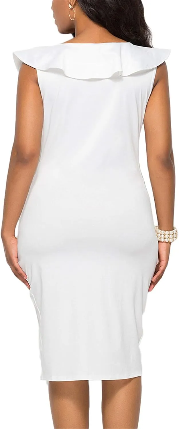 WIWIQS Women's Sexy V Neck Bodycon Long Sleeve/Sleeveless Ruffle Dress Front Slit Bandage Plus Size Midi Club Dresses