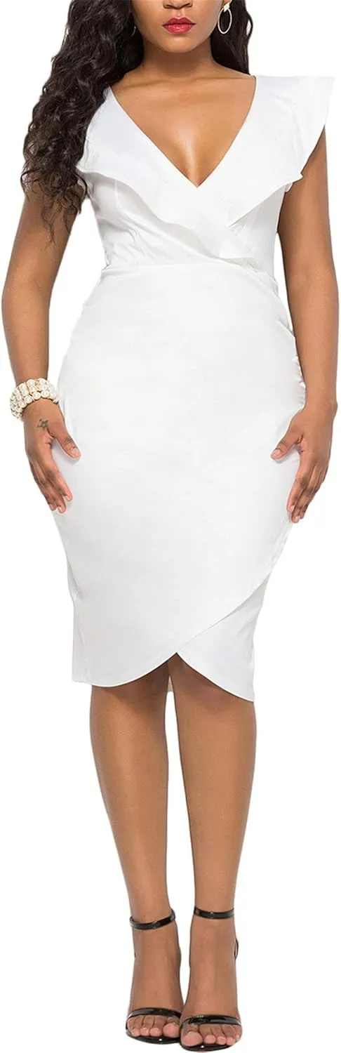 WIWIQS Women's Sexy V Neck Bodycon Long Sleeve/Sleeveless Ruffle Dress Front Slit Bandage Plus Size Midi Club Dresses