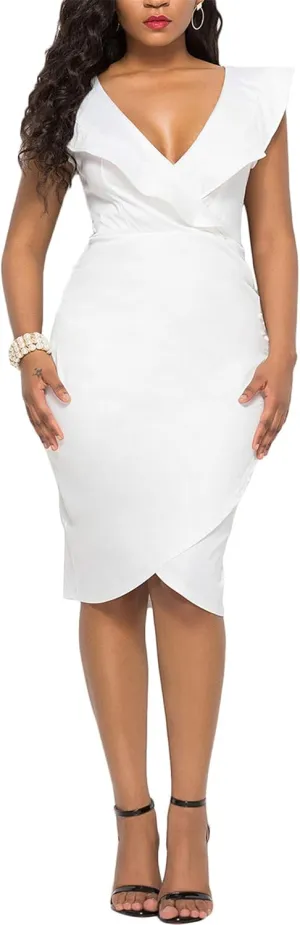 WIWIQS Women's Sexy V Neck Bodycon Long Sleeve/Sleeveless Ruffle Dress Front Slit Bandage Plus Size Midi Club Dresses