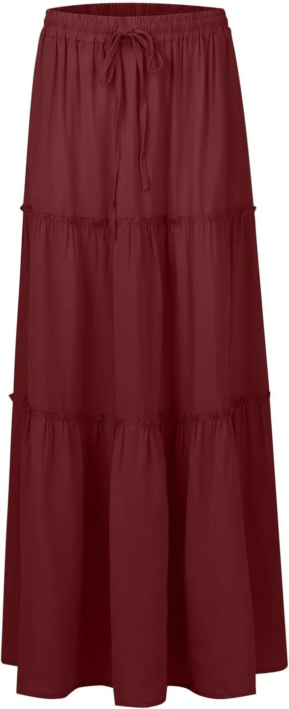 Women Boho Floral Maxi Skirt 2025 Summer High Waisted Tiered Long Skirts Flowy Ruffle Beach Vacation Midi Skirts