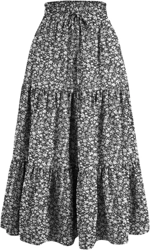 Women Casual Boho Floral Maxi Skirt Elastic High Waist Tiered Pleated Flowy Long Summer Beach Skirt