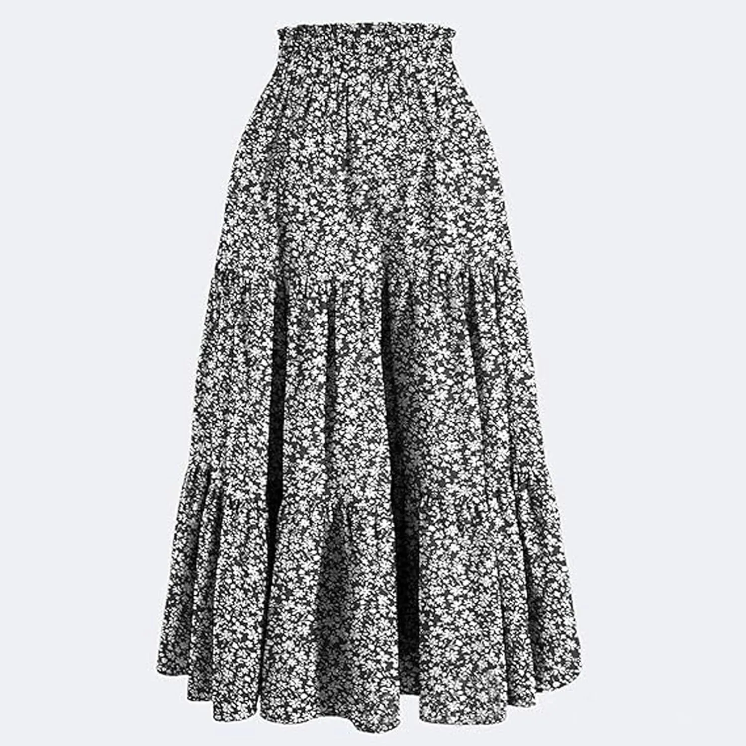 Women Casual Boho Floral Maxi Skirt Elastic High Waist Tiered Pleated Flowy Long Summer Beach Skirt