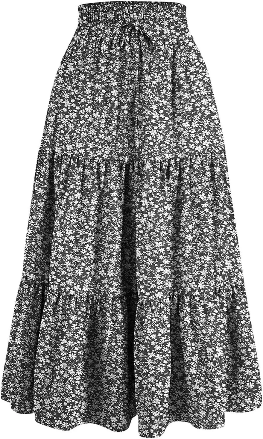 Women Casual Boho Floral Maxi Skirt Elastic High Waist Tiered Pleated Flowy Long Summer Beach Skirt