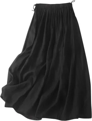 Women Flowy Midi Skirts High Waisted Elastic Waist Drawstring Bowknot Swing Casual Solid Color A Line Skirt