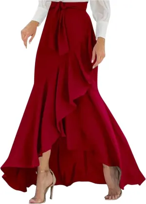 Women Maxi Skirts Flowy Asymmetrical Hem High Waisted Ruffle Tie-up Elastic Irregular Fishtail Long Skirt with Belt