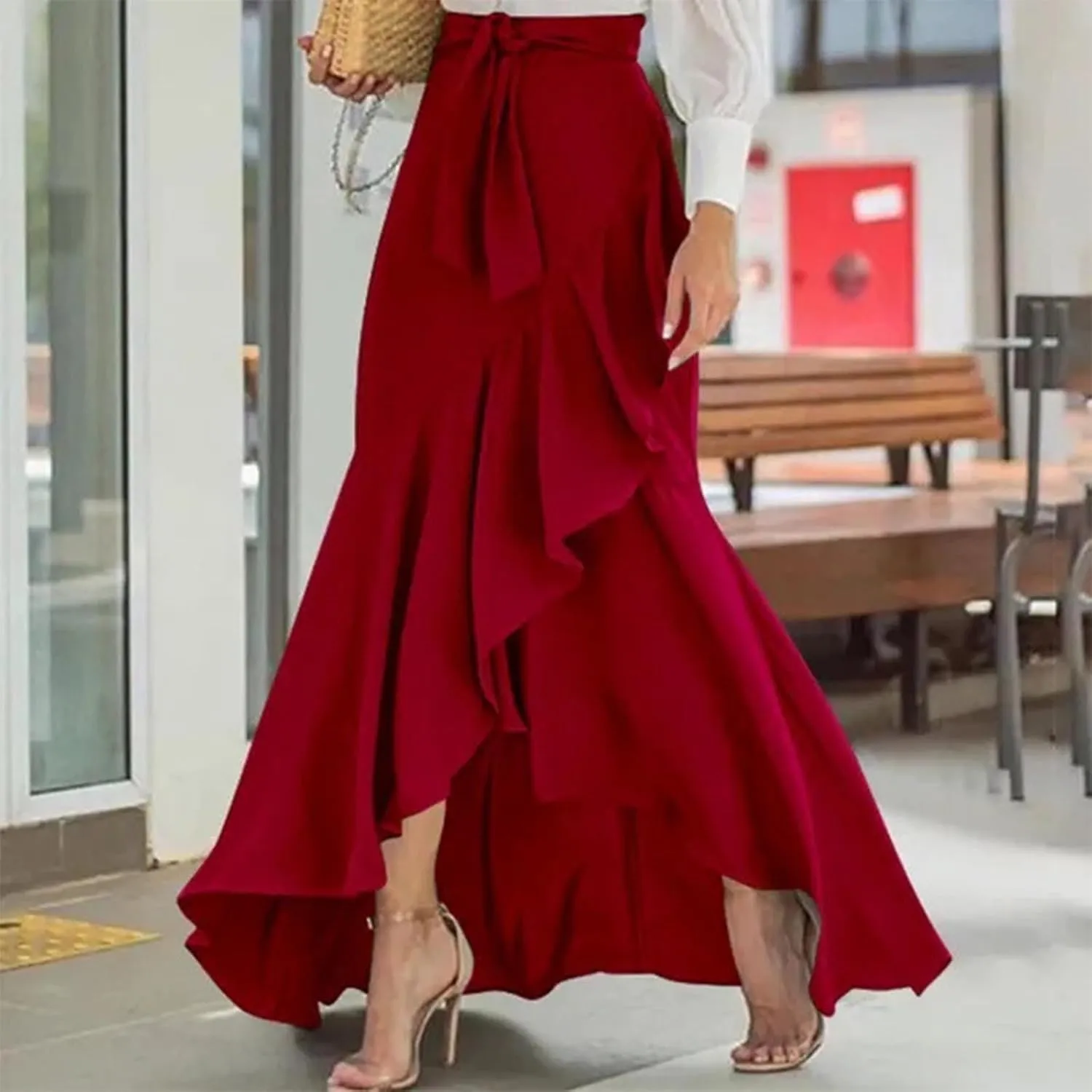 Women Maxi Skirts Flowy Asymmetrical Hem High Waisted Ruffle Tie-up Elastic Irregular Fishtail Long Skirt with Belt