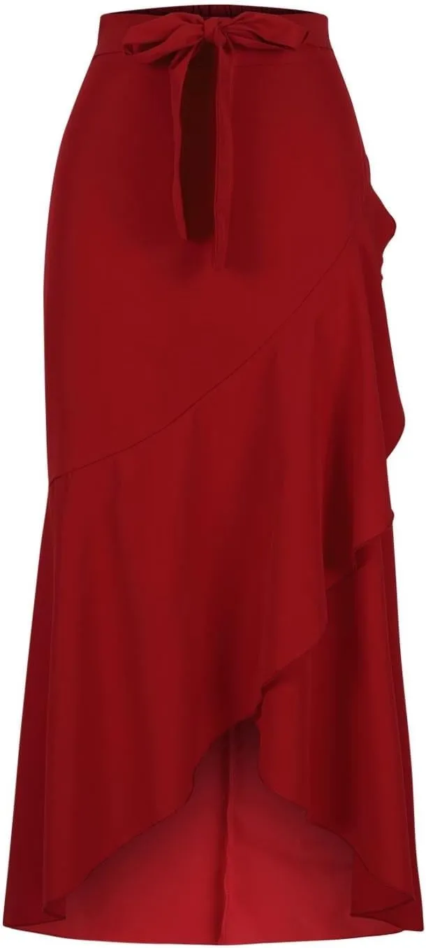 Women Maxi Skirts Flowy Asymmetrical Hem High Waisted Ruffle Tie-up Elastic Irregular Fishtail Long Skirt with Belt