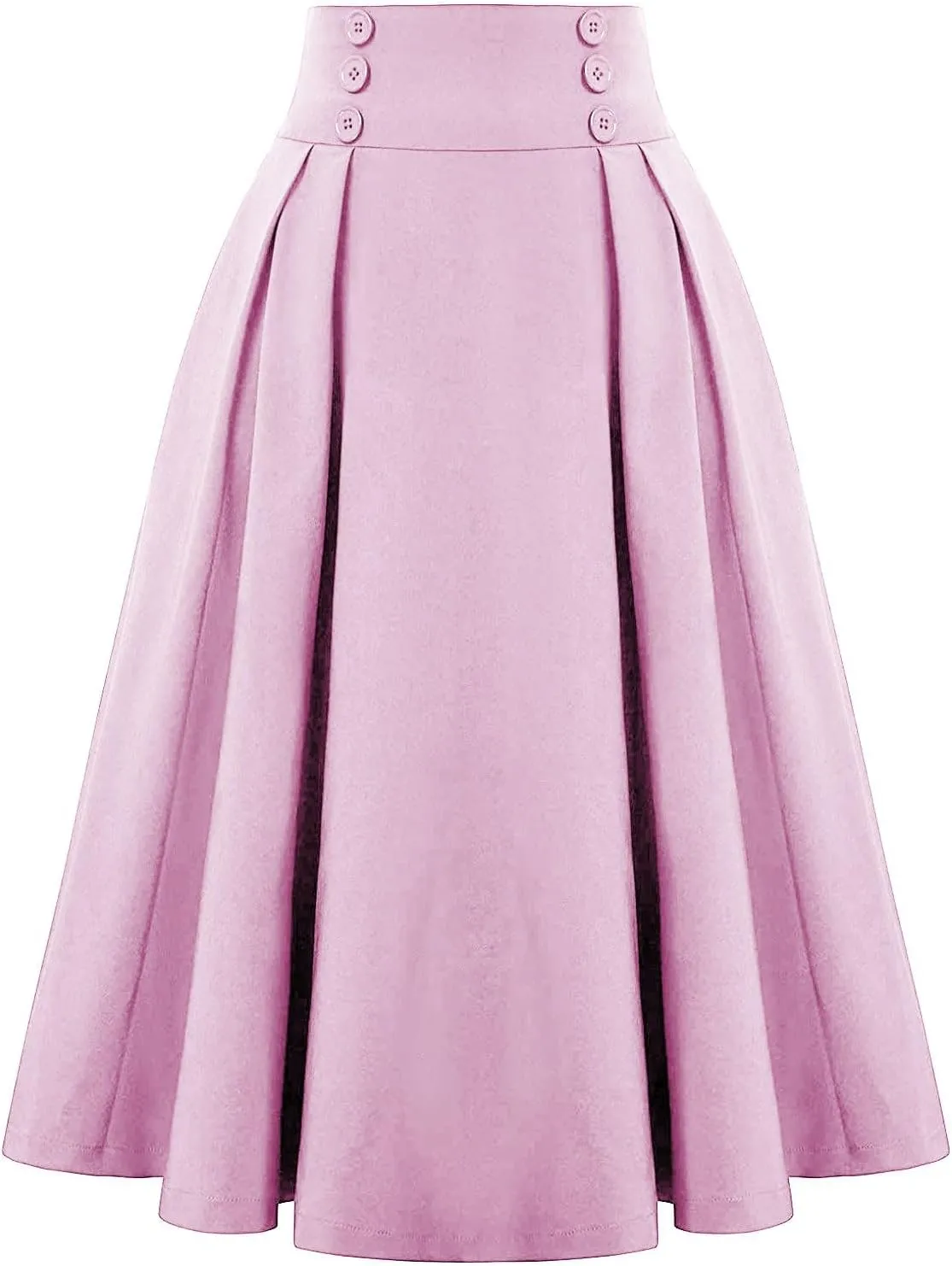 Women Midi Skirt Button High Waisted Elastic Casual Solid Color Pleated Knee Length Flowy A Line Skirts
