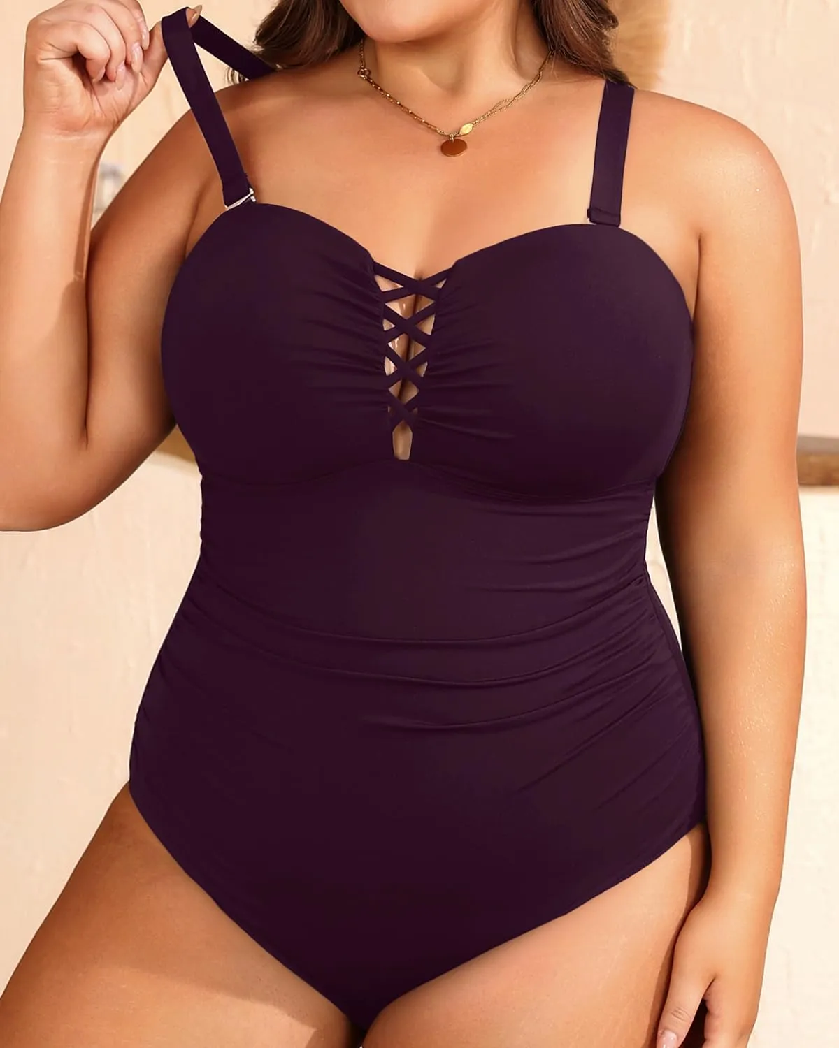 Women Plus Size One Piece Swimsuit - Tummy Control Bathing Suits Ruched Lace up Swimwear Bandeau Retro Swimsuits 2025