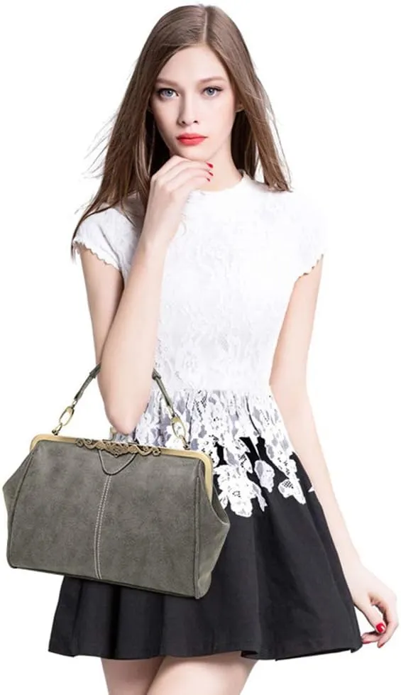Women Vintage Small Retro Handbags Kiss Lock Crossbody Purse Frosted Leather Messenger Bag Tote
