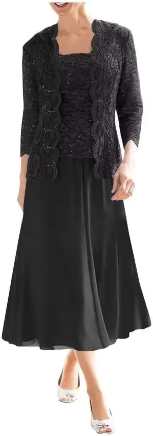 Women's 2 Pieces Mother of The Bride Dresses with Jackets Tea Length Lace Sequin Formal Dresses for Women Wedding Guest
