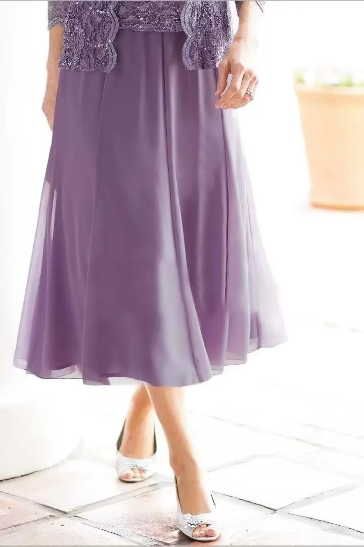 Women's 2 Pieces Mother of The Bride Dresses with Jackets Tea Length Lace Sequin Formal Dresses for Women Wedding Guest