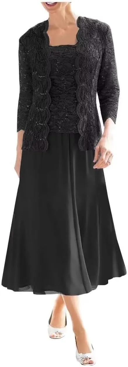 Women's 2 Pieces Mother of The Bride Dresses with Jackets Tea Length Lace Sequin Formal Dresses for Women Wedding Guest