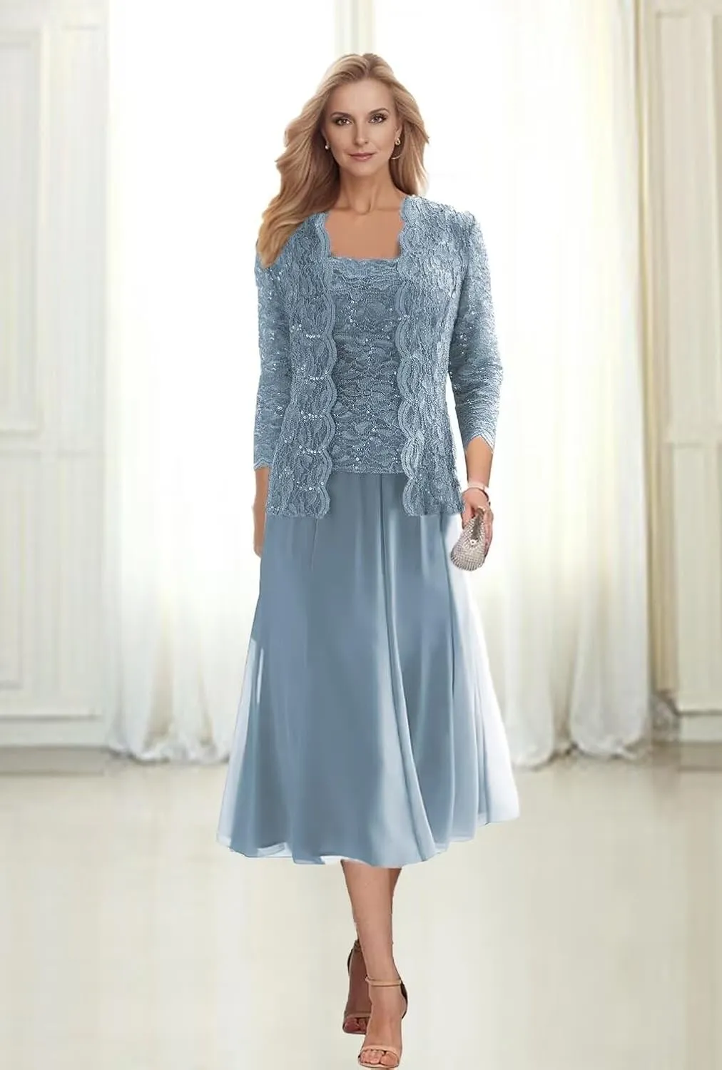 Women's 2 Pieces Mother of The Bride Dresses with Jackets Tea Length Lace Sequin Formal Dresses for Women Wedding Guest