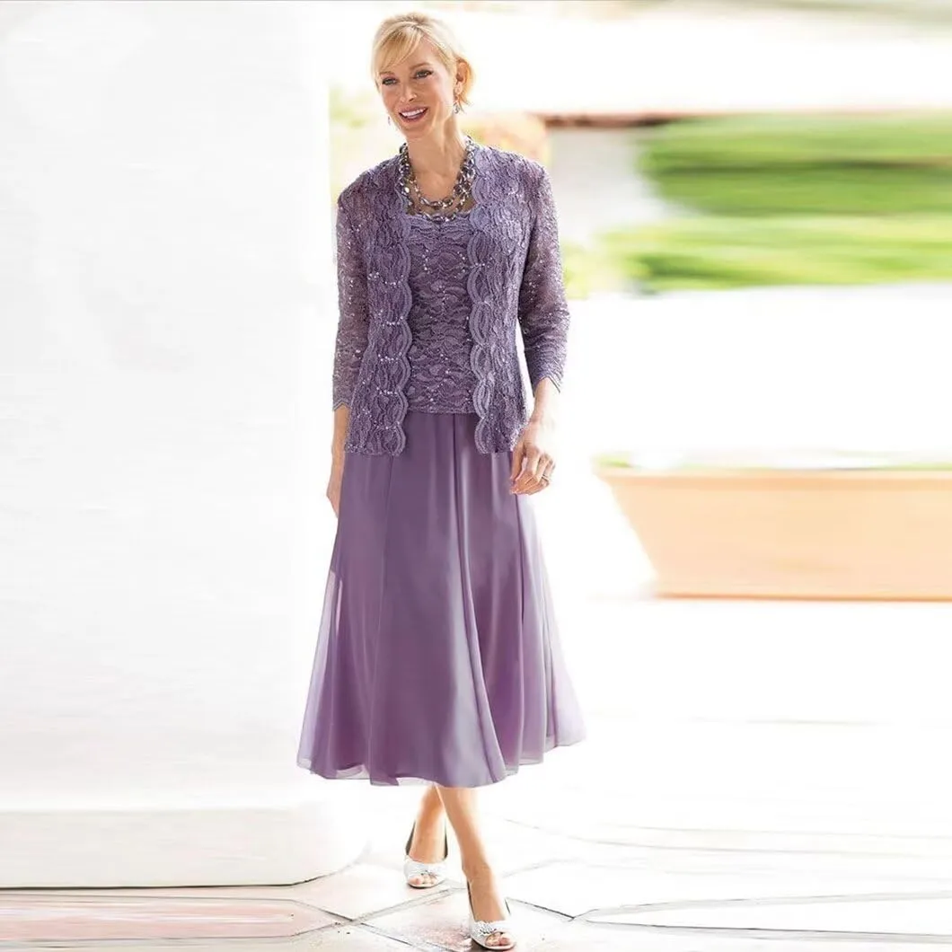 Women's 2 Pieces Mother of The Bride Dresses with Jackets Tea Length Lace Sequin Formal Dresses for Women Wedding Guest