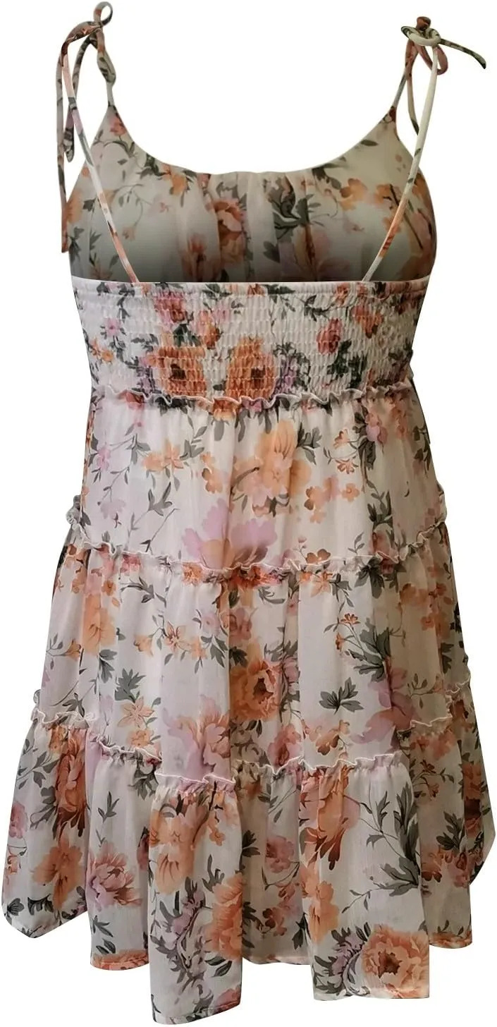 Womens 2024 Summer Floral Mini Dress Boho Flowy Skater Dresses Short Sleeveless Ruffle Spaghetti Strap Beach Vacation Dress