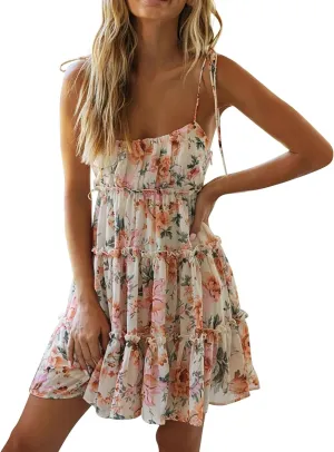 Womens 2024 Summer Floral Mini Dress Boho Flowy Skater Dresses Short Sleeveless Ruffle Spaghetti Strap Beach Vacation Dress