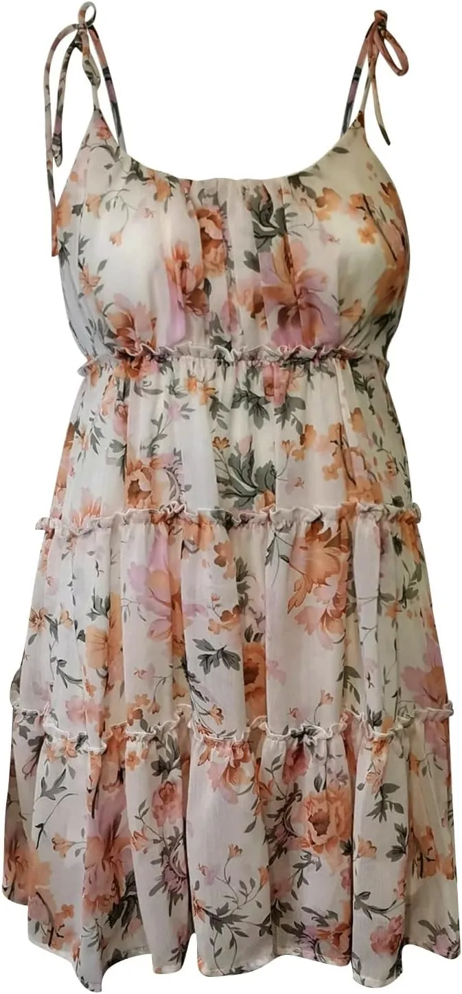 Womens 2024 Summer Floral Mini Dress Boho Flowy Skater Dresses Short Sleeveless Ruffle Spaghetti Strap Beach Vacation Dress