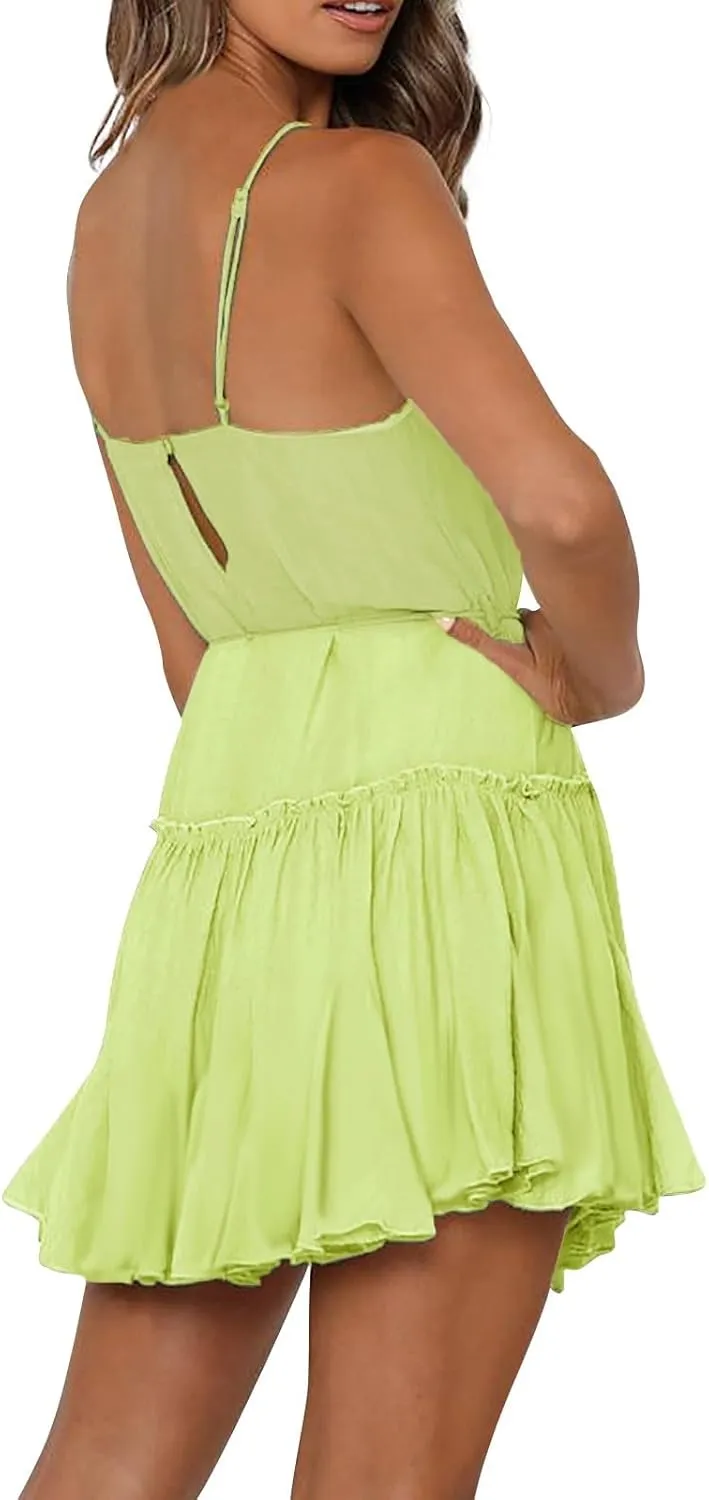 Womens 2024 Summer Floral Mini Dress Flowy Skater Dresses Short Sleeveless Ruffle Spaghetti Strap Beach Vacation Sundress
