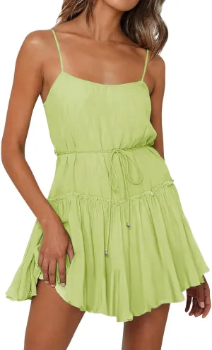 Womens 2024 Summer Floral Mini Dress Flowy Skater Dresses Short Sleeveless Ruffle Spaghetti Strap Beach Vacation Sundress