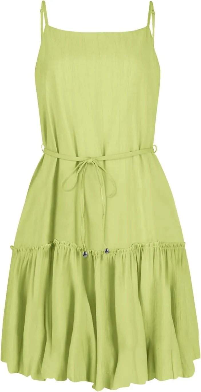 Womens 2024 Summer Floral Mini Dress Flowy Skater Dresses Short Sleeveless Ruffle Spaghetti Strap Beach Vacation Sundress