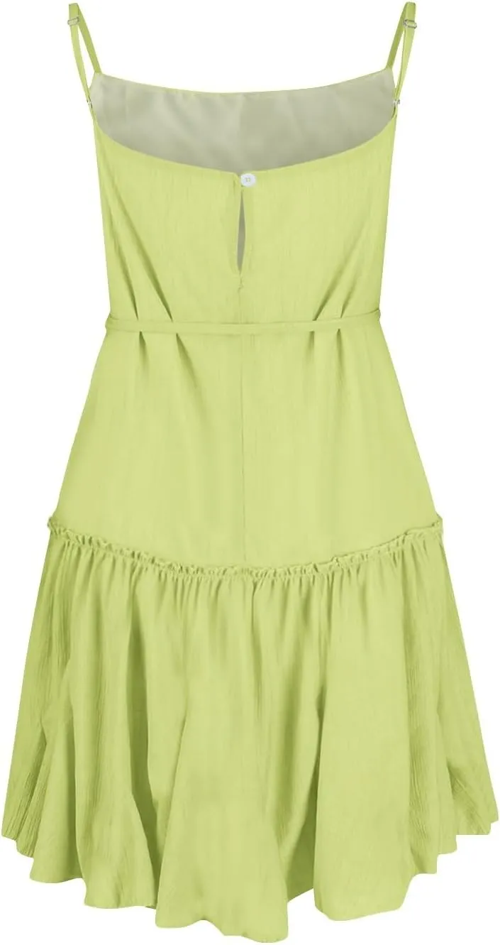 Womens 2024 Summer Floral Mini Dress Flowy Skater Dresses Short Sleeveless Ruffle Spaghetti Strap Beach Vacation Sundress