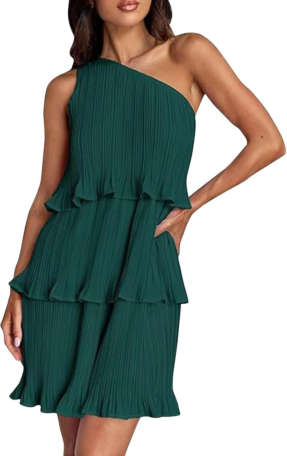 Women's 2024 Summer Sleeveless Mini Dress Boho One Shoulder Ruffle Tiered Layered Chiffon Flowy A Line Dresses