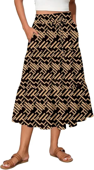 Women's 2025 Bohemian Summer Skirts High Waist Pleated A Line Flowy Midi Skirts with Pocket, S-2XL
