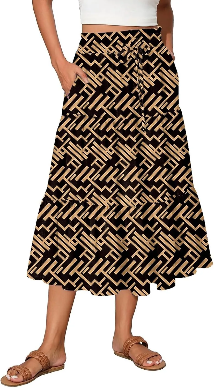 Women's 2025 Bohemian Summer Skirts High Waist Pleated A Line Flowy Midi Skirts with Pocket, S-2XL